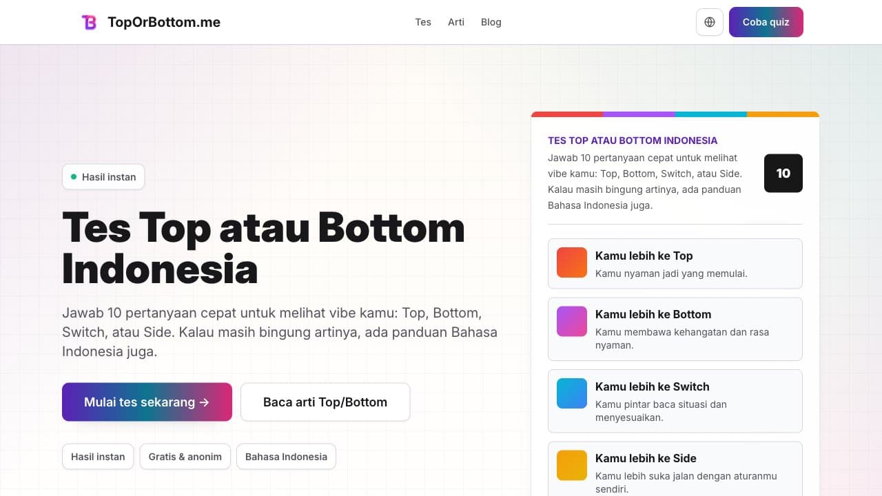 Beranda TopOrBottom.me yang menampilkan area mulai Tes Top atau Bottom