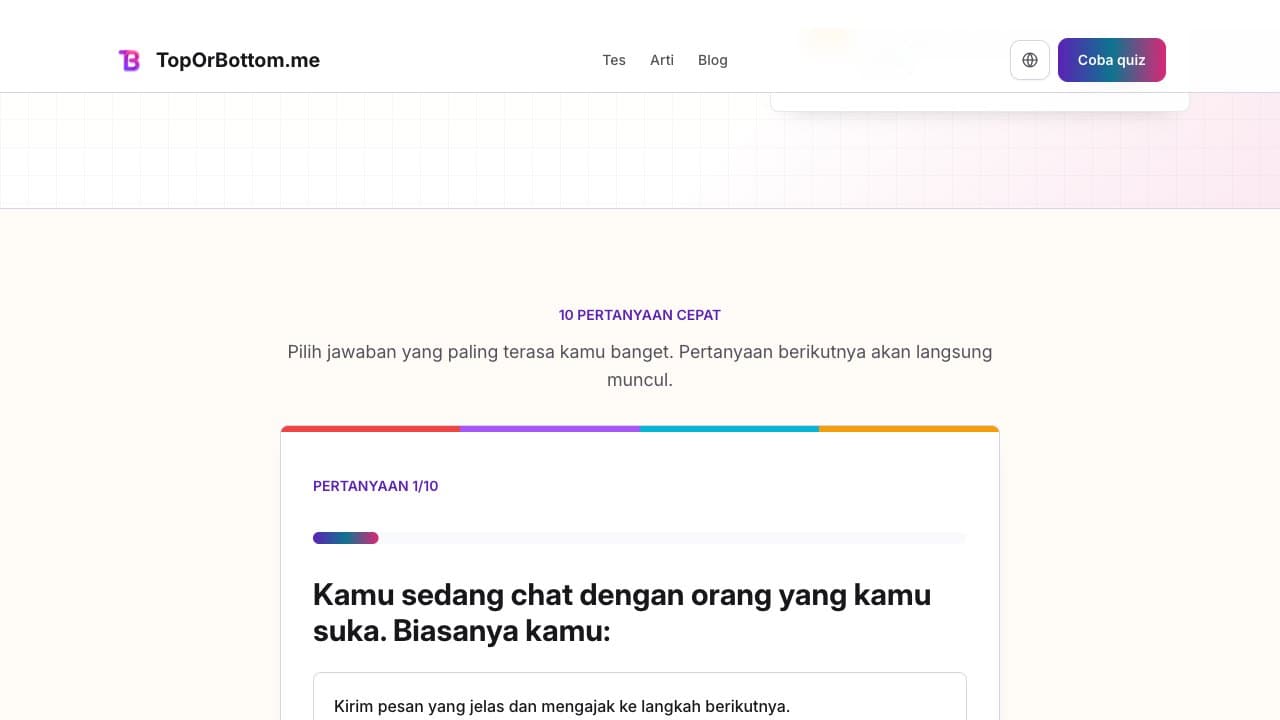 Kartu pertanyaan Tes Top atau Bottom dengan beberapa pilihan jawaban