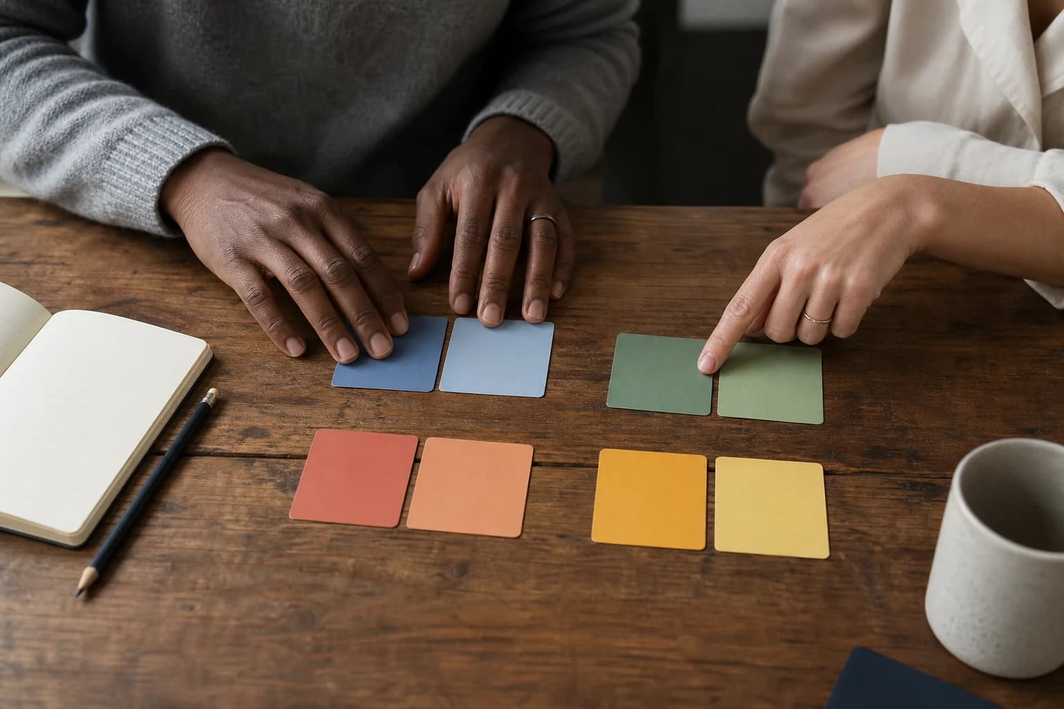 Hands sorting colored style cards