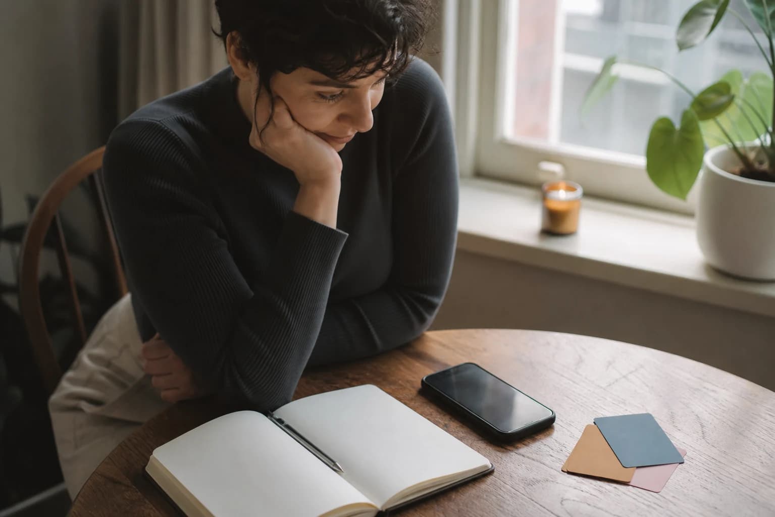 Person reflecting with phone and notebook