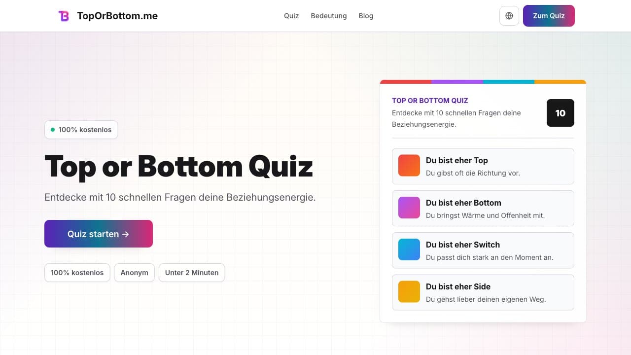 TopOrBottom.me Startseite mit Einstieg in das Top oder Bottom Quiz