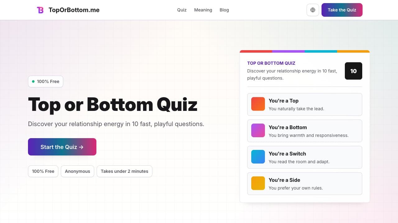 TopOrBottom.me homepage showing the Top or Bottom Quiz start area