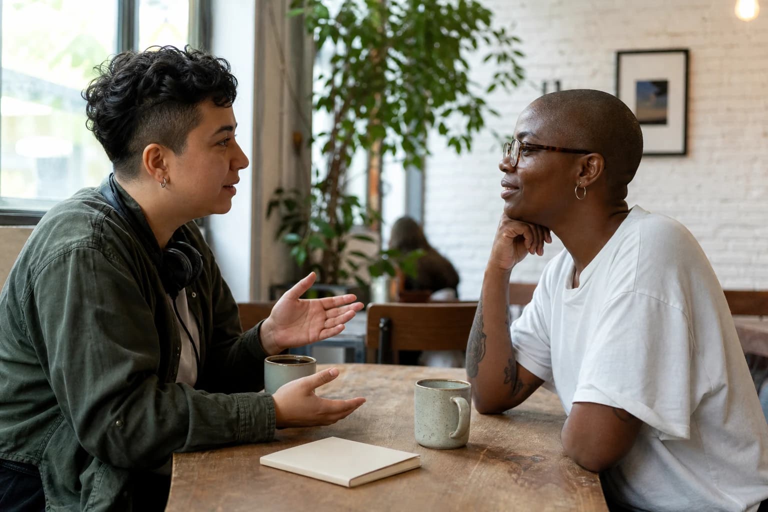 Two adults discussing labels in a quiet cafe