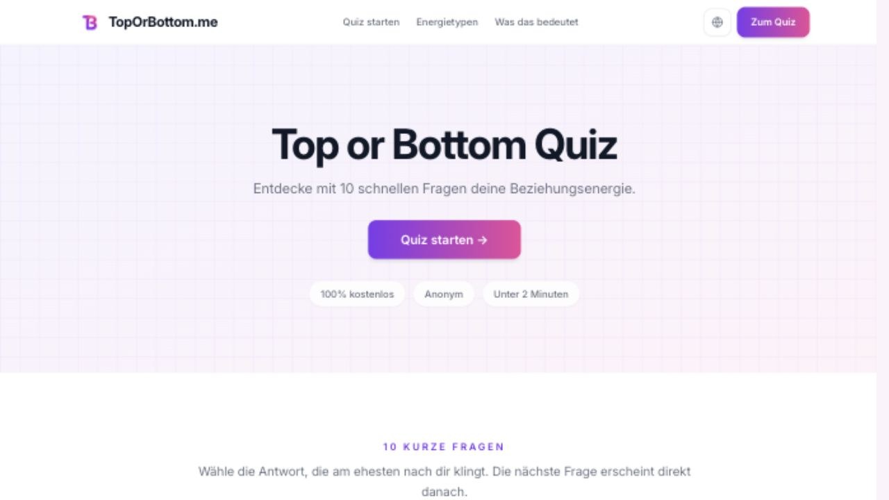 TopOrBottom.me Startseite mit Einstieg in das Top oder Bottom Quiz
