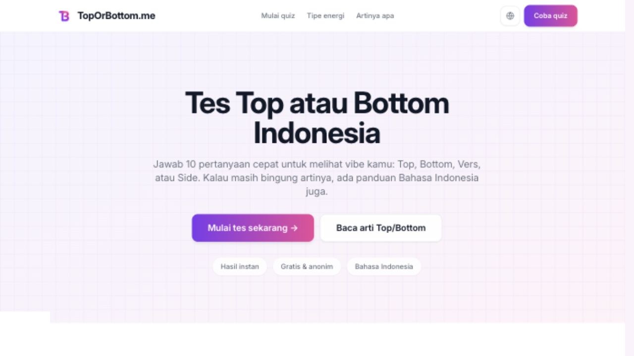 Beranda TopOrBottom.me yang menampilkan area mulai Tes Top atau Bottom