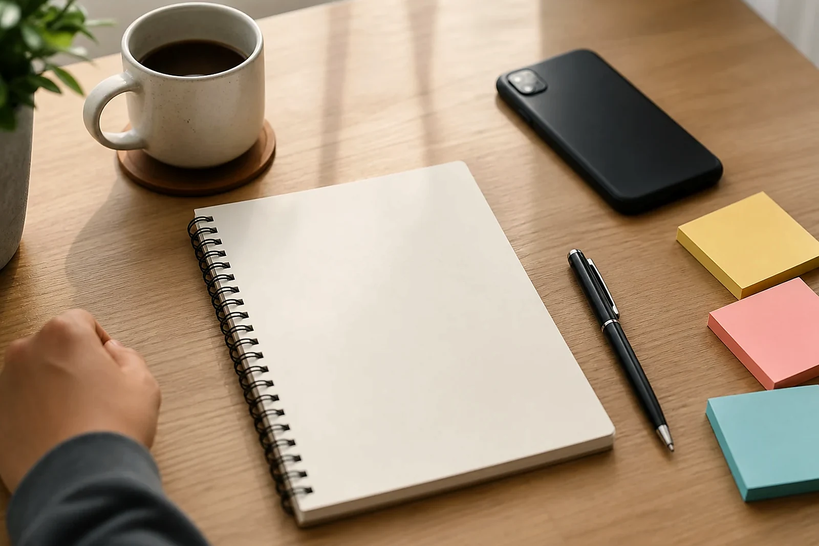 Buku catatan dan sticky note di meja